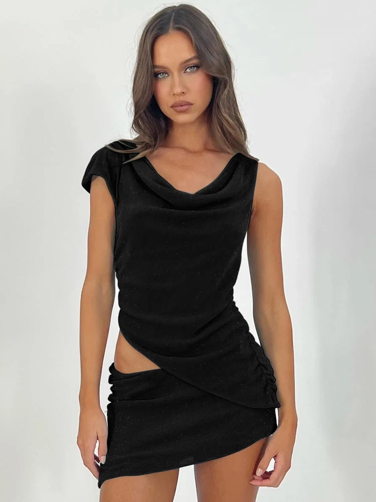 Solid Short Sleeve Skew Collar Irregular Sexy Crop Top Mini Skirt 2 Pcs Matching Sets Summer Outfits Party Festival