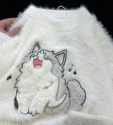 Loose Mohair Sweater Women Y2k Aesthetic Knitted Cartoon Cat Vintage Pullover Sueter Mujer Harajuku Grunge Pull Femme Top Jumper