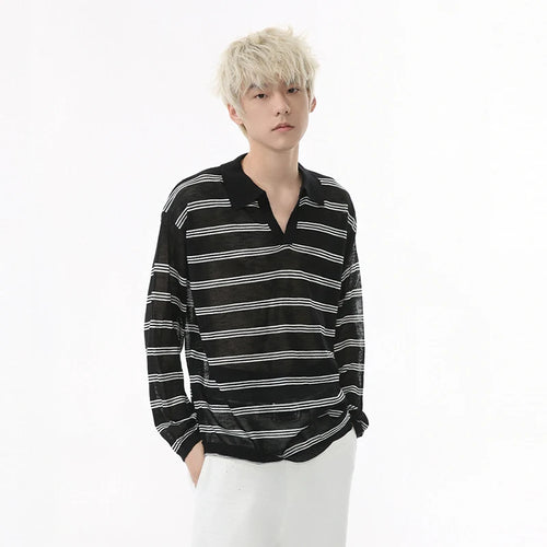 Load image into Gallery viewer, Men's Long Sleeve T-shirts New Korean Contrast Color Striped Design Loose Casual Turn-down Collar Male Handsome Top 9W1677
