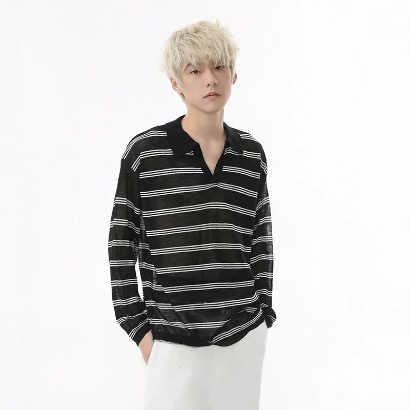 Men's Long Sleeve T-shirts New Korean Contrast Color Striped Design Loose Casual Turn-down Collar Male Handsome Top 9W1677