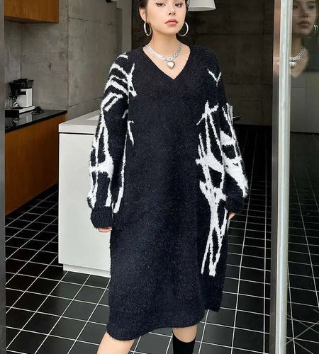 Women Black Pattern Thick Warm Big Size Sweater Dress New V-Neck Long Sleeve Fashion Tide Spring Autumn 2025 1DH8735