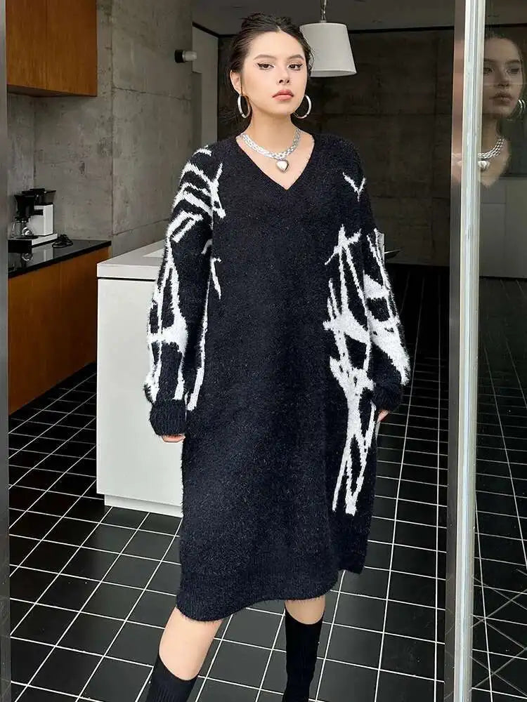 Women Black Pattern Thick Warm Big Size Sweater Dress New V-Neck Long Sleeve Fashion Tide Spring Autumn 2025 1DH8735