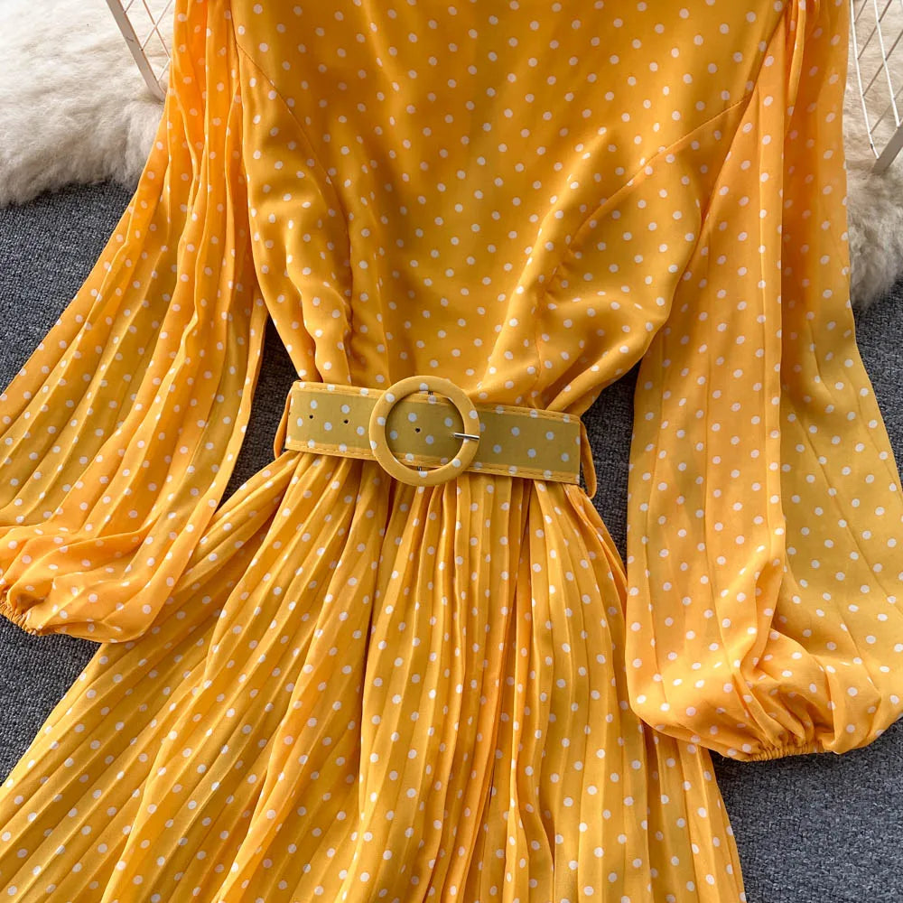Vintage Pleated Dress for Women Polka Pot Puff Long Sleeve O Neck Elegant A Line Dresses 2023 High Waisted Casual Dress