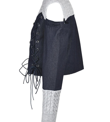 Women Blue Knitting Denim Bandage Elegant T-shirt New Round Neck Long Sleeve Fashion Tide Spring Autumn 2025 1LD0815