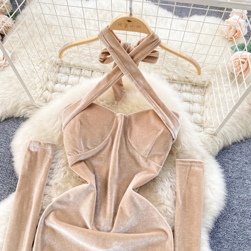 Load image into Gallery viewer, Korean Version Khaki Hanging Neck Sexy Club Slim Velvet Mini Dress Off Shoulder Backless Short Dress Spring Summer With Sleeves
