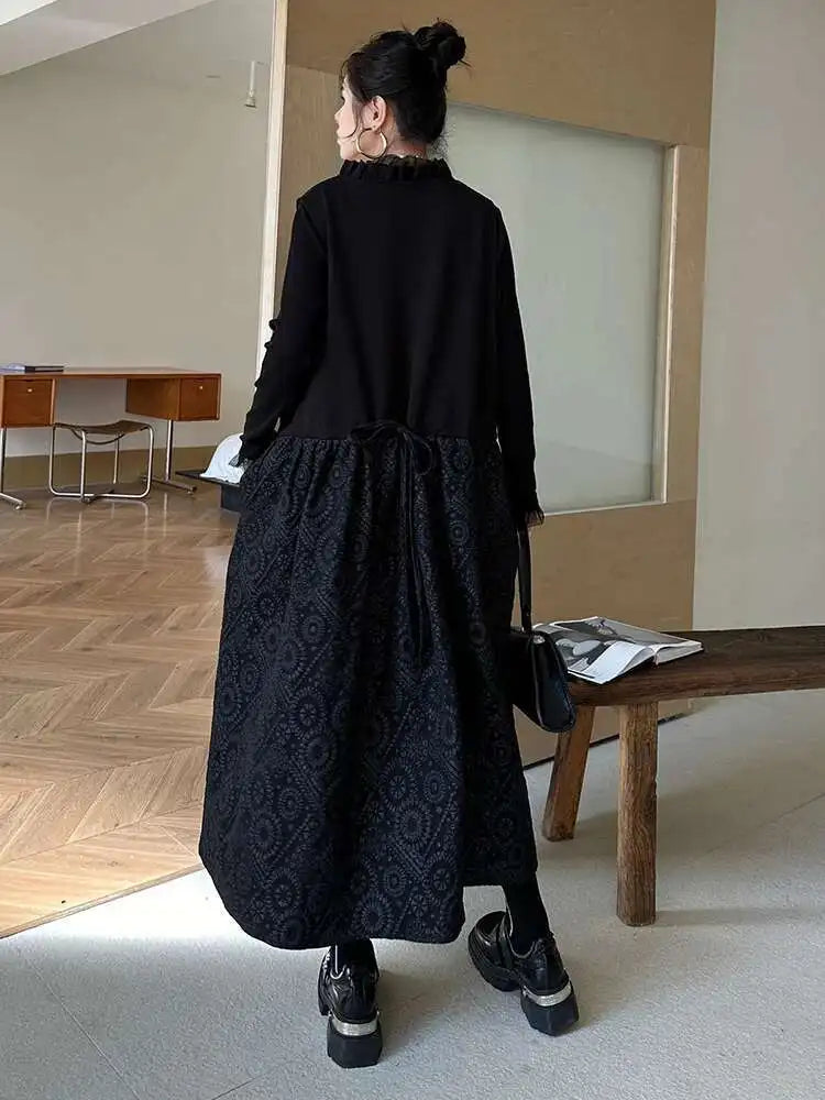 Women Black Pattern Textured Big Size  Long Vest Dress New V-Neck Sleeveless Fashion Tide Spring Autumn 2025 1DH844101