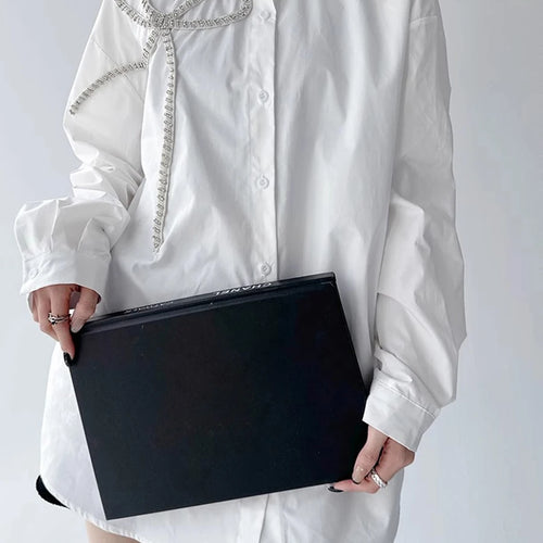 Load image into Gallery viewer, Solid Spliced Diamonds Loose Blouses For Women Lapel Long Sleeve Loose Casual Temperament Shirt Female Fashion New
