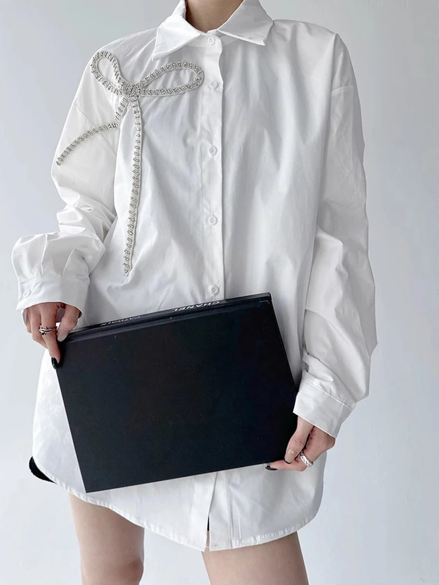 Solid Spliced Diamonds Loose Blouses For Women Lapel Long Sleeve Loose Casual Temperament Shirt Female Fashion New