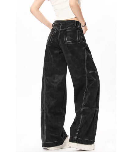 Men's Cargo Pants Line Splicing Design Straight Wide Leg New American Style Solid Color Trendy Male Trousers Summer 9W1856