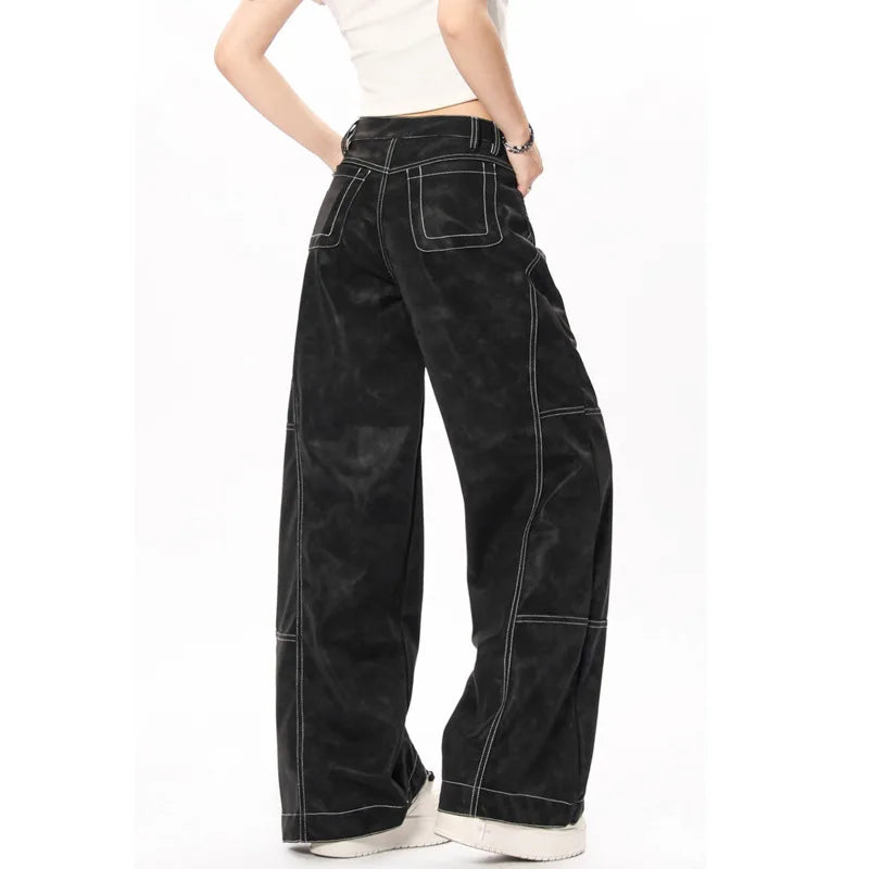 Men's Cargo Pants Line Splicing Design Straight Wide Leg New American Style Solid Color Trendy Male Trousers Summer 9W1856