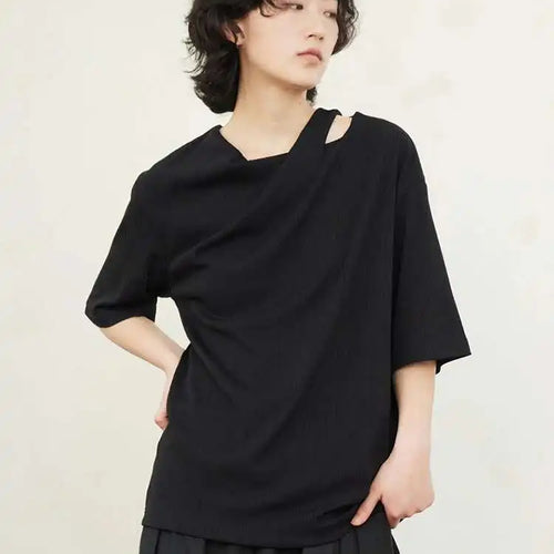 Load image into Gallery viewer, Women Black Irregular Hollow Out Big Size T-shirt New Round Neck Short Sleeve Fashion Tide Spring Summer 2025 1DF9081
