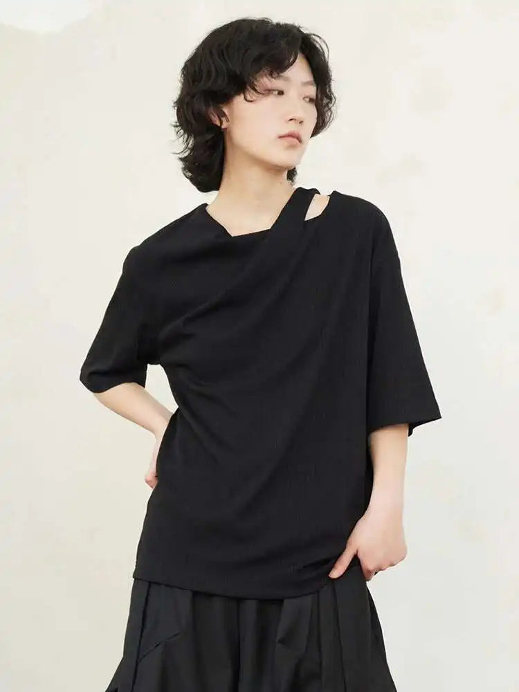 Women Black Irregular Hollow Out Big Size T-shirt New Round Neck Short Sleeve Fashion Tide Spring Summer 2025 1DF9081