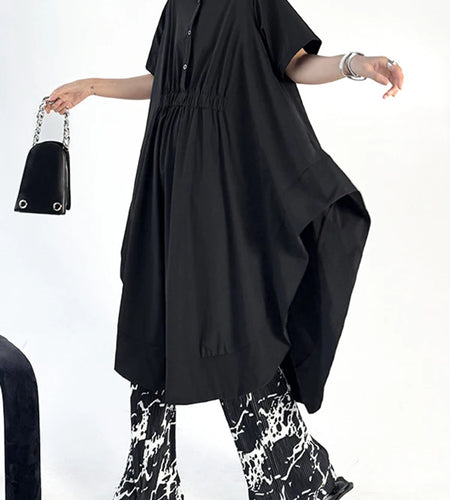 Women Black Side Slit Irregular Big Size Midi Shirt Dress New Lapel Short Sleeve Fashion Tide Spring Summer 2025 1DJ1121