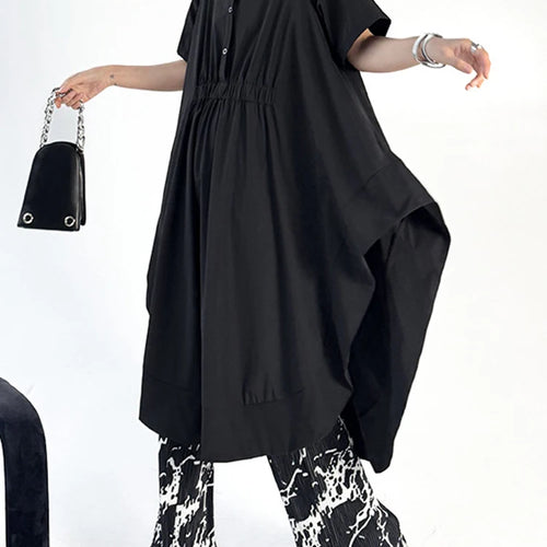 Load image into Gallery viewer, Women Black Side Slit Irregular Big Size Midi Shirt Dress New Lapel Short Sleeve Fashion Tide Spring Summer 2025 1DJ1121
