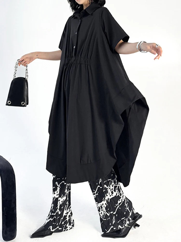 Women Black Side Slit Irregular Big Size Midi Shirt Dress New Lapel Short Sleeve Fashion Tide Spring Summer 2025 1DJ1121