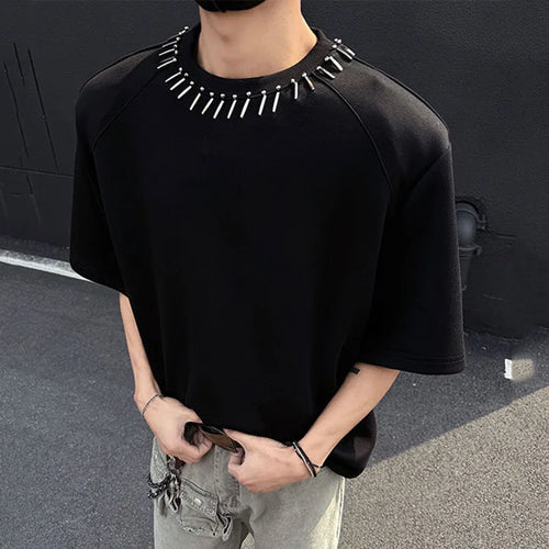 Load image into Gallery viewer, Summer Men&#39;s T-shirts Short Sleeve Round Collar Trendy Metal Decoration Loose Pad Shoulder Fashion Male Clothing 9W1710
