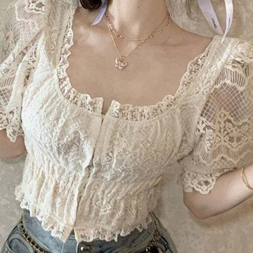 Load image into Gallery viewer, French Style Lace Embroidery Slim Women Blouse Puff Sleeve Sexy Solid Color Square Neck Office Lady Elegant Chic Blouses
