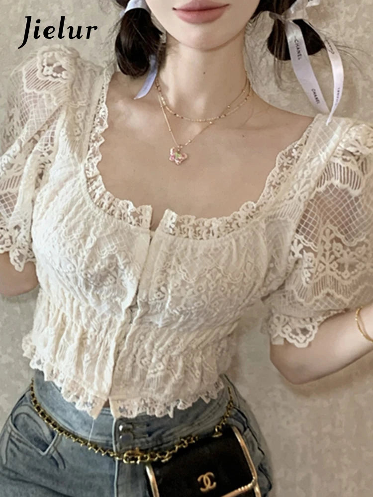 French Style Lace Embroidery Slim Women Blouse Puff Sleeve Sexy Solid Color Square Neck Office Lady Elegant Chic Blouses