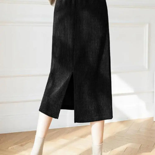 Load image into Gallery viewer, Korean Fashion Black White Elegant Office Thick Skirt Women Autumn Winter Brown Slim High Waist Velvet Knitted Long Skirts Trend
