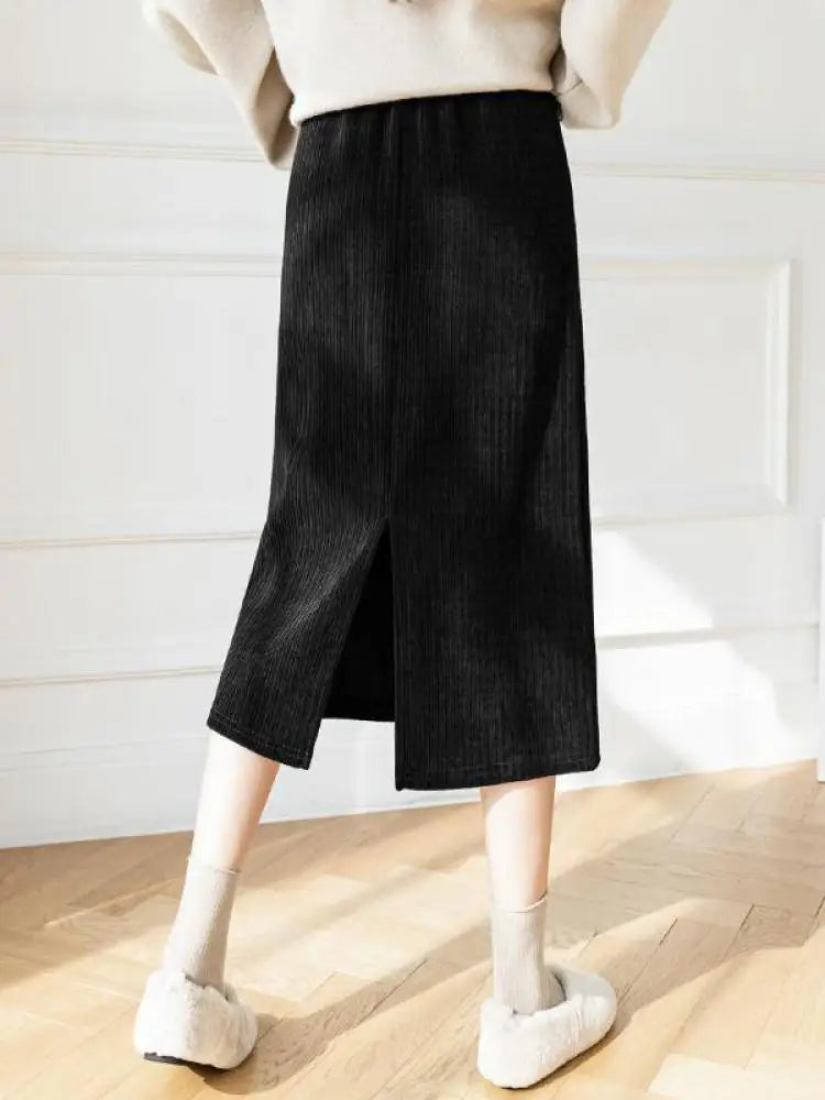 Korean Fashion Black White Elegant Office Thick Skirt Women Autumn Winter Brown Slim High Waist Velvet Knitted Long Skirts Trend