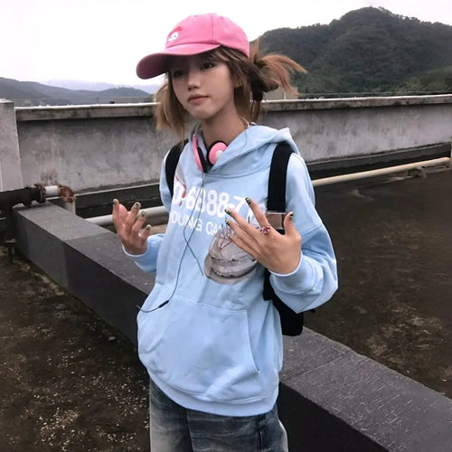 Load image into Gallery viewer, Japanese Y2k Blue Hoodies Vintage 2000s Style Sweatshirts Harajuku Aesthetics Letter Print Hooded Tops American Retro
