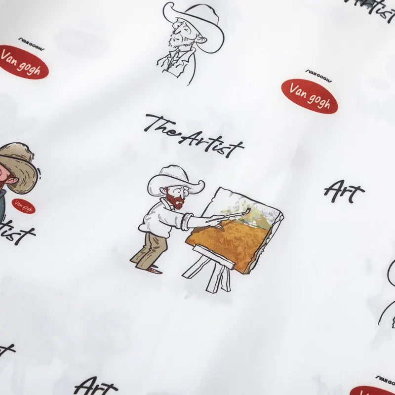 Harajuku Hawaiian Shirts Cartoon Van Gogh Graphic Printed Summer Beach Blouse Hip Hop Casual Baggy Short Sleeve Button Up Tops