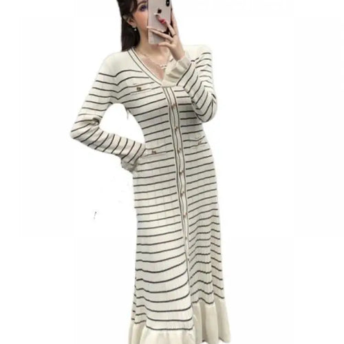 Load image into Gallery viewer, Retro Women Black Beige Striped Single Breasted Slim Knit Dress Autumn Winter Long Sleeve V Neck Elegant Office Ruffles Dresses
