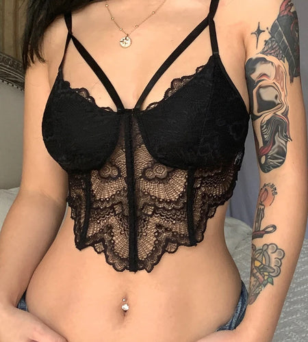 Fashion Chic Strap Corset Clothes Black Lace Top Ladies Solid Transparent Club Party Summer Crop Tops Camisole Korean