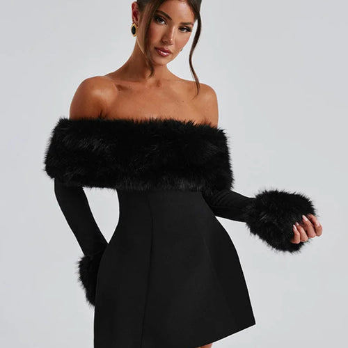 Load image into Gallery viewer, Feather Strapless Long Sleeve Sexy Mini Dress Women Fashion Off-shoulder Backless High Waist Club Party Dress Elegant
