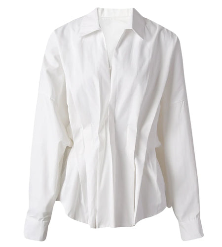 Women White Pleated Shaped Elegant Big Size Blouse New V-neck Long Sleeve Shirt Fashion Tide Spring Autumn 2025 CPG3185