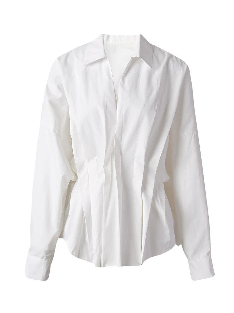 Women White Pleated Shaped Elegant Big Size Blouse New V-neck Long Sleeve Shirt Fashion Tide Spring Autumn 2025 CPG3185
