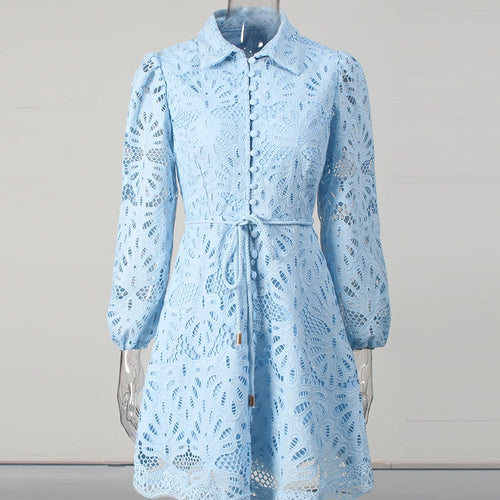 Load image into Gallery viewer, Hollow Out Spliced Lace Up Fashion Dresses for Women Lapel Long Sleeves Patchwork Single Breasted Dress Female New
