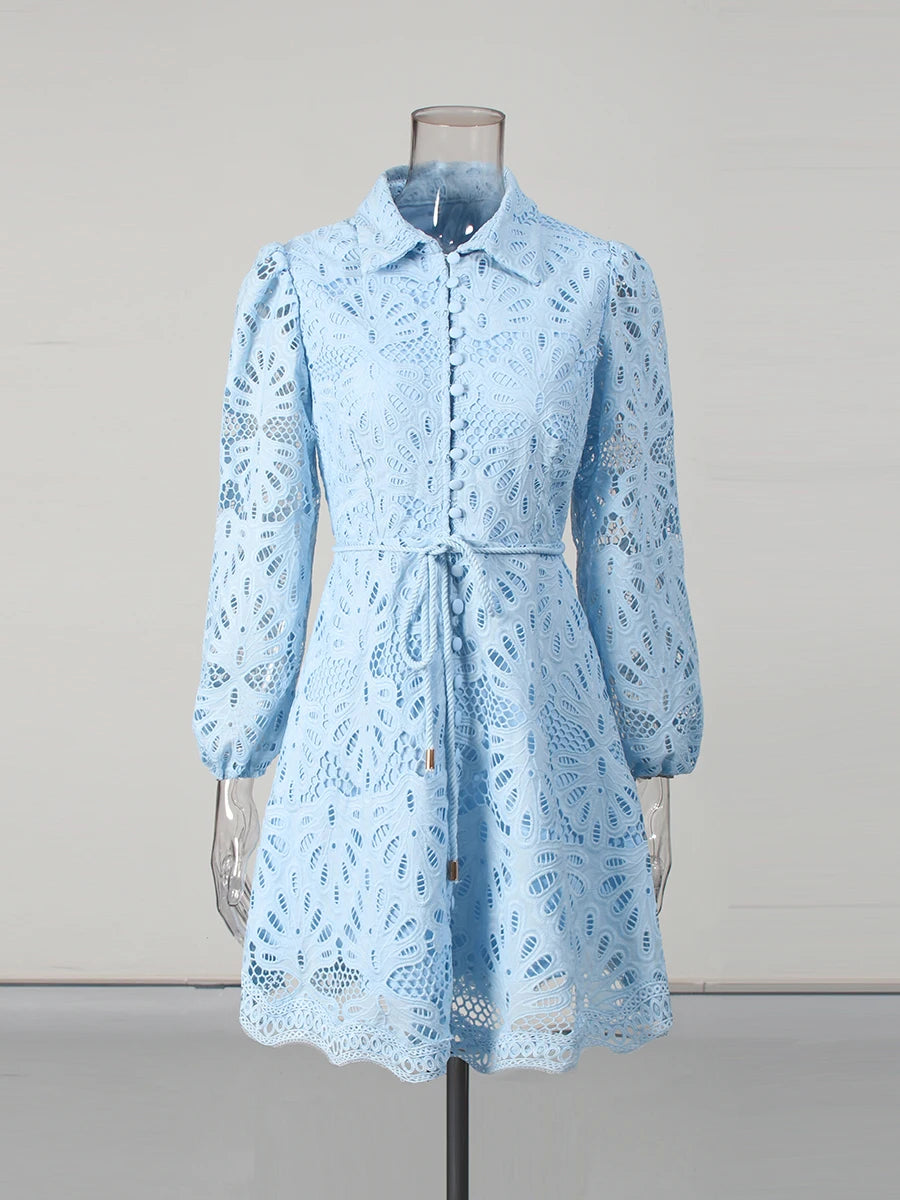 Hollow Out Spliced Lace Up Fashion Dresses for Women Lapel Long Sleeves Patchwork Single Breasted Dress Female New