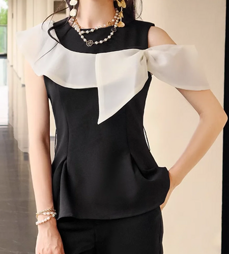 Hit Color Two Piece Set For Women O Neck Sleeveless Tunic Top High Waist Temperament Slim Pant Sets Female Fashion