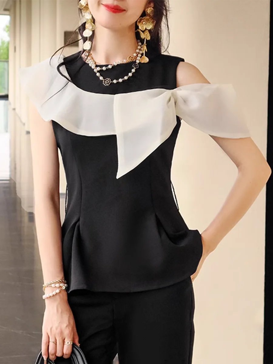 Hit Color Two Piece Set For Women O Neck Sleeveless Tunic Top High Waist Temperament Slim Pant Sets Female Fashion