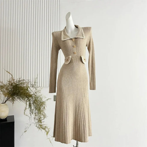 Load image into Gallery viewer, Korean Fashion Women's Autumn Winter Solid Single Breasted Elegant Slim Knitted Sweater Dress New Long Sleeved Temperament Dress
