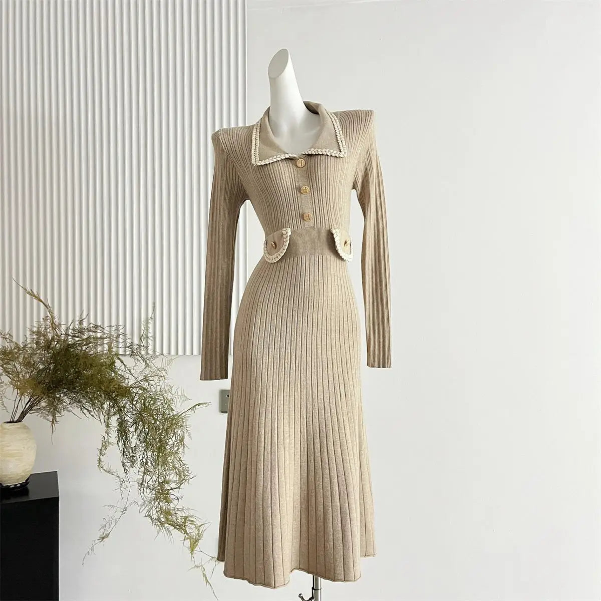 Korean Fashion Women's Autumn Winter Solid Single Breasted Elegant Slim Knitted Sweater Dress New Long Sleeved Temperament Dress