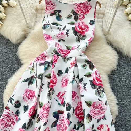 Load image into Gallery viewer, Women White Pink Flower Elegant Vest Long Dress 2025 Summer New Retro Sleeveless Fashion High Waist Pleated Dress Bohemian Trend
