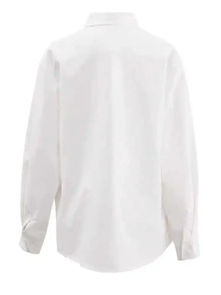 Women White Buckle Pocket Big Size Casual Blouse New Lapel Long Sleeve Shirt Fashion Tide Spring Autumn 2025 CPG1715