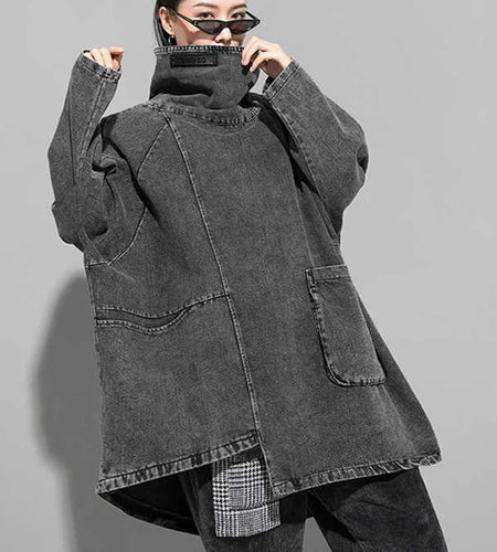 Loose Fit Black Denim Big Size Sweatshirt New High Collar Long Sleeve Women Big Size Fashion Spring Autumn 2025 1K166