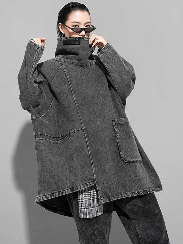 Loose Fit Black Denim Big Size Sweatshirt New High Collar Long Sleeve Women Big Size Fashion Spring Autumn 2025 1K166