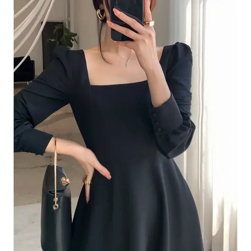 Vintage Black Long Sleeve Midi Dress Women French Square Collar Elegant Party Dresses Autumn 2021 Chic Trendy Kpop Clothes