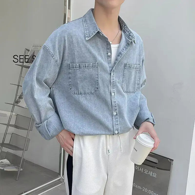 Summer Men's Denim Shirts Solid Color New Korean Tide Long Sleeved Casual Turn-down Collar Male Shirt Spring 2025 9W1215