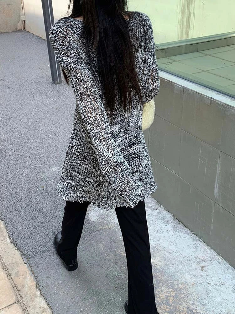 Y2k Aesthetic Pullover Harajuku Gothic Knitted See Through Sweater Grunge Autumn Jumper Japanese Fashion Knitwear Tops