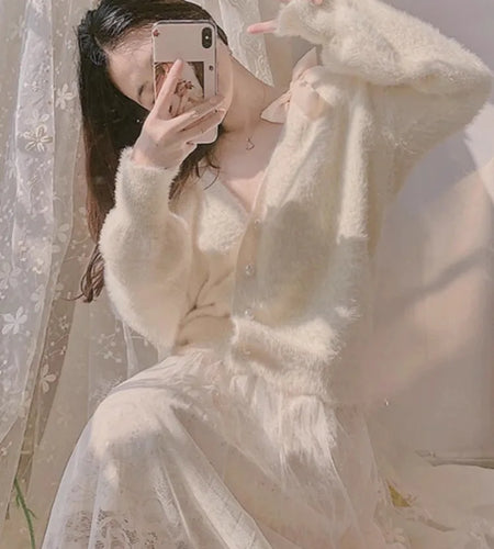 Japanese Sweet Knitted Simple Cardigans 2025 Bandage Women Crop Tops Y2k Aesthetic Streetwear Sweaters Single Breasted Vintage