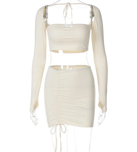 Elegant 2 Pcs Sets Square Collar Long Sleeves Bow Sexy Crop Top Shirring Mini Skirts Summer Y2K Outfit Festival Party