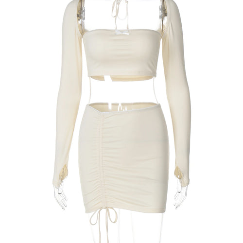 Load image into Gallery viewer, Elegant 2 Pcs Sets Square Collar Long Sleeves Bow Sexy Crop Top Shirring Mini Skirts Summer Y2K Outfit Festival Party
