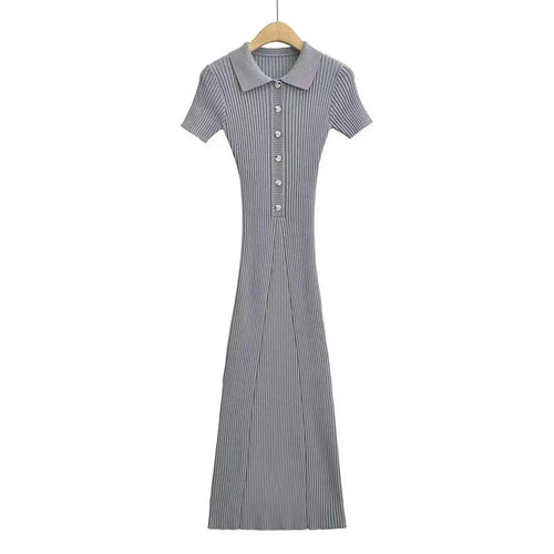 Load image into Gallery viewer, Korean Version Solid Polo Collar Single Breasted Knitted Long Dress Women's Summer Elegant Slim Short Sleeve Wrapped Hip Dresses
