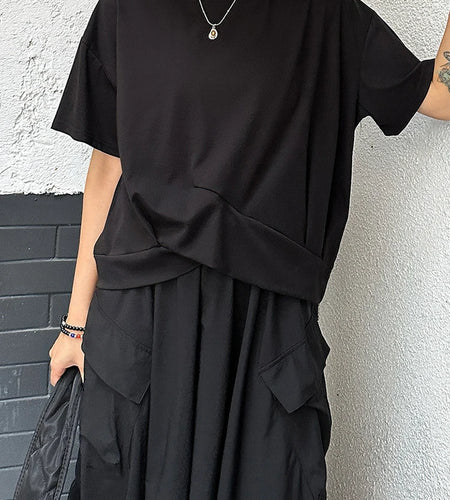Women Black Irregular Spliced Big Size Casual T-shirt New Round Neck Short Sleeve Fashion Tide Spring Summer 2025 1DJ1297