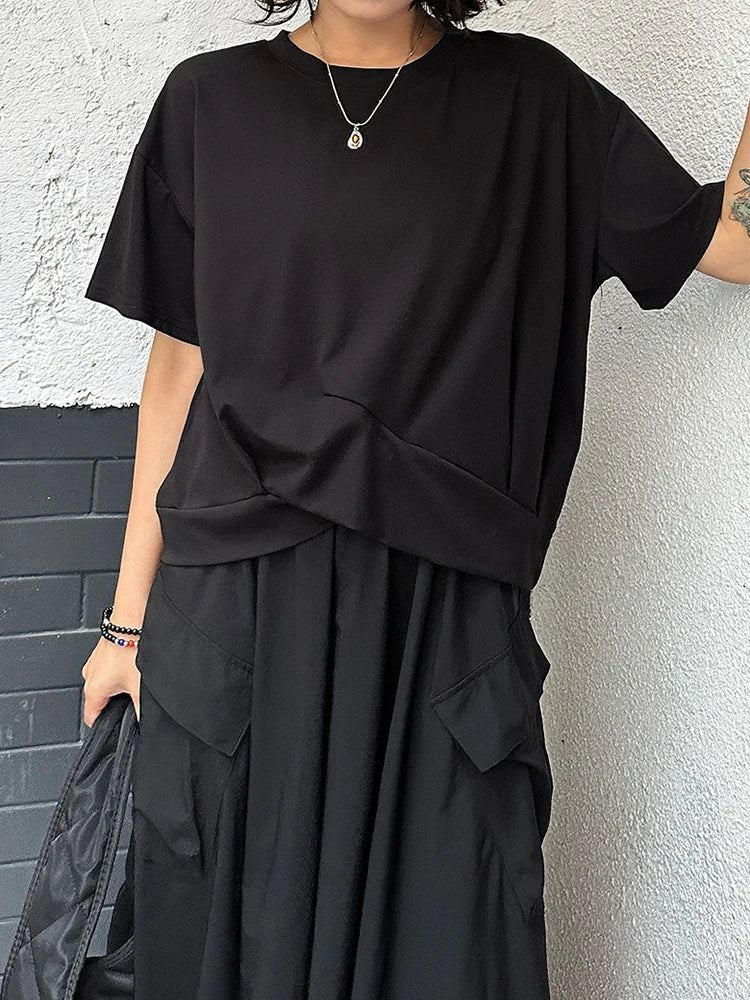 Women Black Irregular Spliced Big Size Casual T-shirt New Round Neck Short Sleeve Fashion Tide Spring Summer 2025 1DJ1297